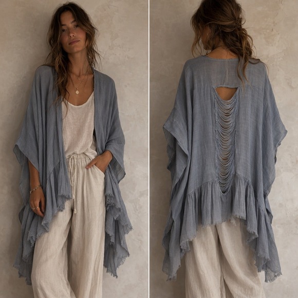 Umgee Other - Umgee Kimono Wrap Womens S/M Blue Gray Fringe Back Ruffle Boho Festival Beach